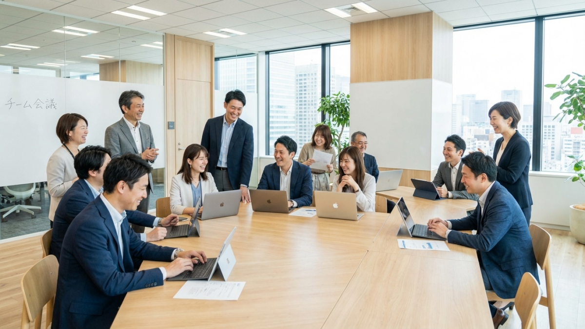 多様な年齢層のビジネスパーソンが会議室で協力的に対話している様子