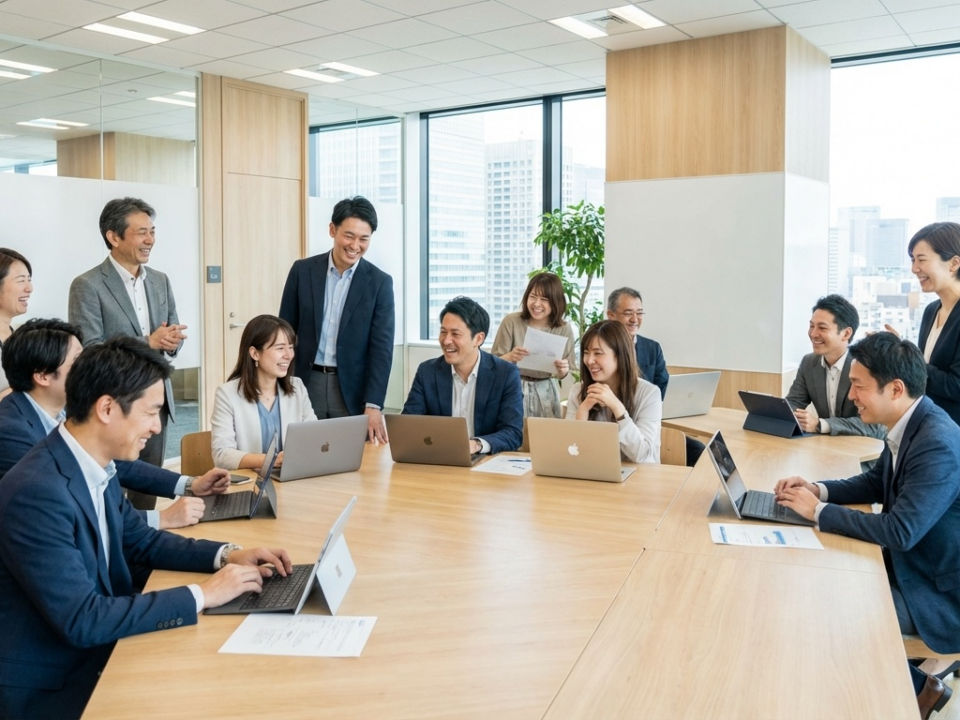 多様な年齢層のビジネスパーソンが会議室で協力的に対話している様子