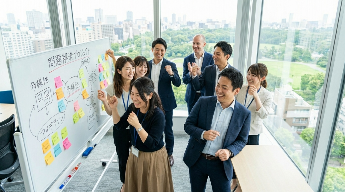 ホワイトボードを使いながらアイデアを出し合うチーム