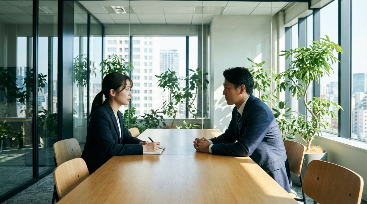 上司と部下が心理的安全性のある環境で真剣に話し合う様子