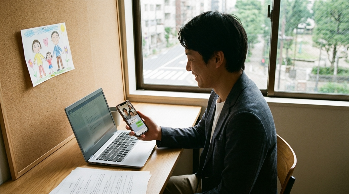 子育て中のビジネスパーソンが仕事と家庭を両立している様子