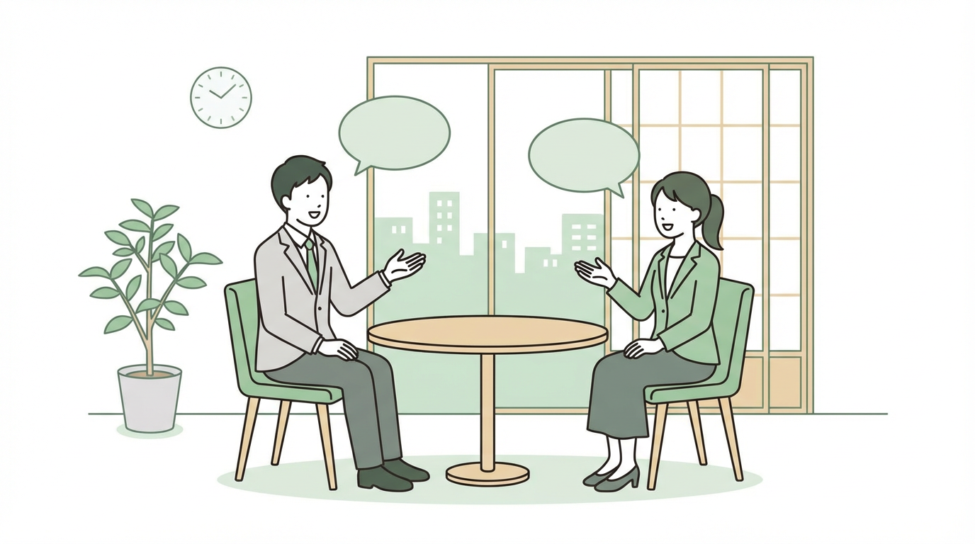 1on1ミーティングで対話する上司と部下のイラスト