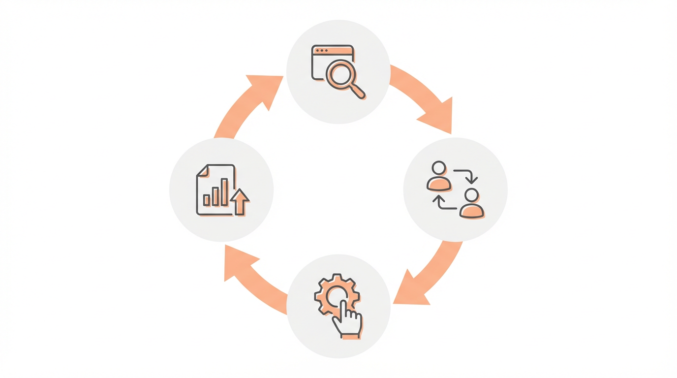 フィードバックループ（集める・共有・対応・報告）を表す循環図のイラスト